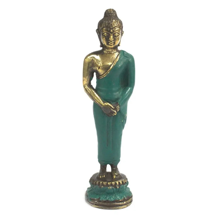 Medium brass standing buddha statue with a golden head and arms wearing a teal robe on an ornate base