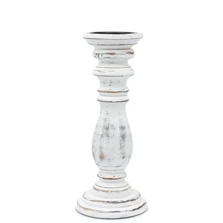 Medium candle stand whitewash with white distressed mango wood and classic turned design showing chipped paint