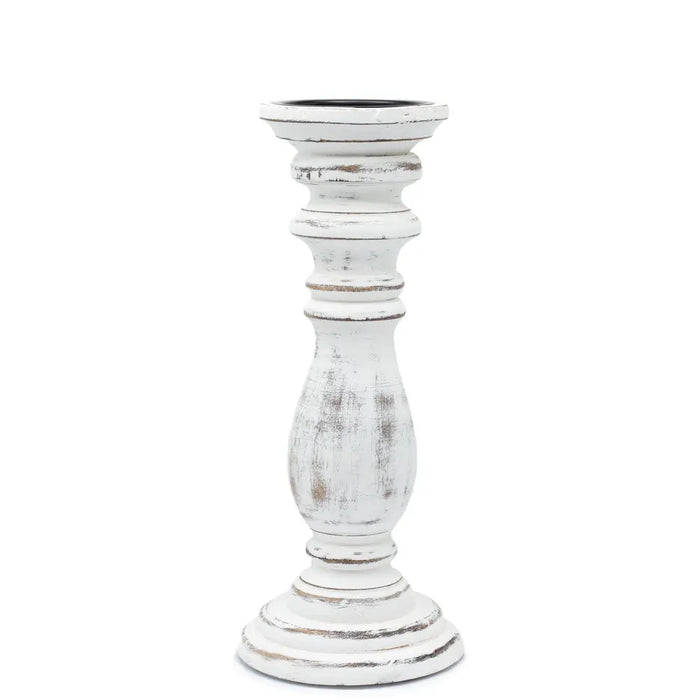 Medium candle stand whitewash with white distressed mango wood and classic turned design showing chipped paint