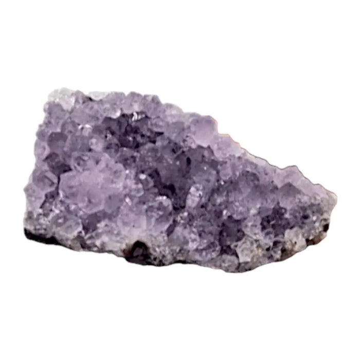 A medium high grade amethyst standing cluster with translucent purple crystals on a rough dark base weighing 350-450g