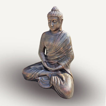 Medium-large antique gold buddha in meditation with intricate details in bronze-colored metal statue