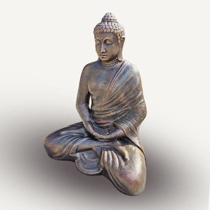 Medium-large antique gold buddha in meditation with intricate details in bronze-colored metal statue