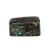 A polished dark gray madagascar labradorite stone with rectangular shape and blue green purple iridescent flashes