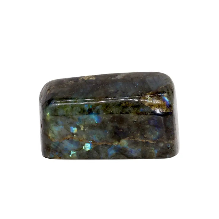 A polished dark gray madagascar labradorite stone with rectangular shape and blue green purple iridescent flashes