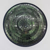 Medium mosaic tile dish with green and silver reflective tiles in concentric circles and a dark border