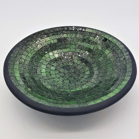 Medium mosaic tile dish with green and black glass tile rings and a dark rim in a circular bowl shape