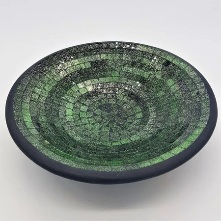 Medium mosaic tile dish with green and black glass tile rings and a dark rim in a circular bowl shape