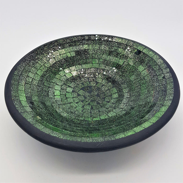 Medium mosaic tile dish with green and black glass tile rings and a dark rim in a circular bowl shape