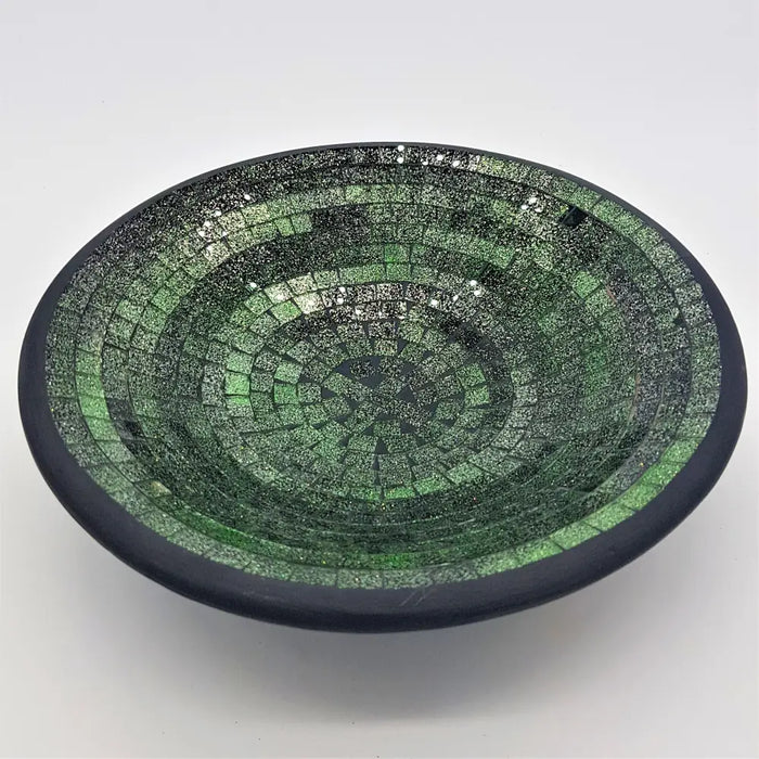 Medium mosaic tile dish with green and black glass tile rings and a dark rim in a circular bowl shape