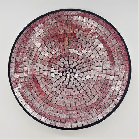 Medium mosaic tile dish with circular glittery pink and silver mosaic rings framed by a black border