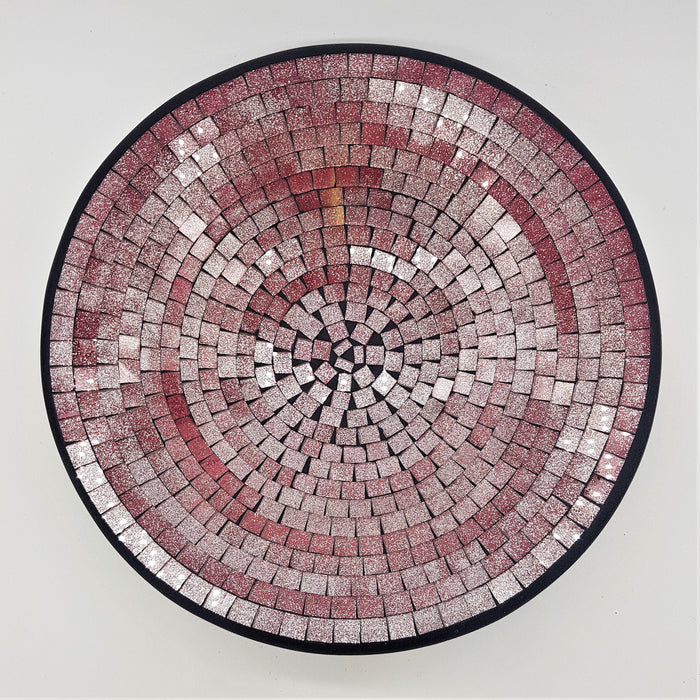 Medium mosaic tile dish with circular glittery pink and silver mosaic rings framed by a black border