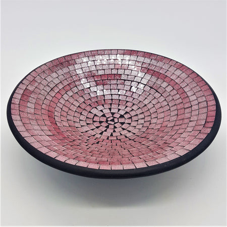Medium mosaic tile dish with pink and silver gradient tiles in concentric circles and a black rim