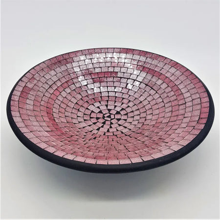 Medium mosaic tile dish with pink and silver gradient tiles in concentric circles and a black rim