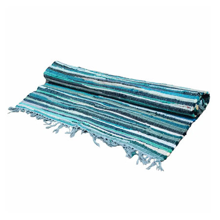 A rolled-up medium rag rug in aqua blues with teal and white stripes and frayed edges made of woven fabric