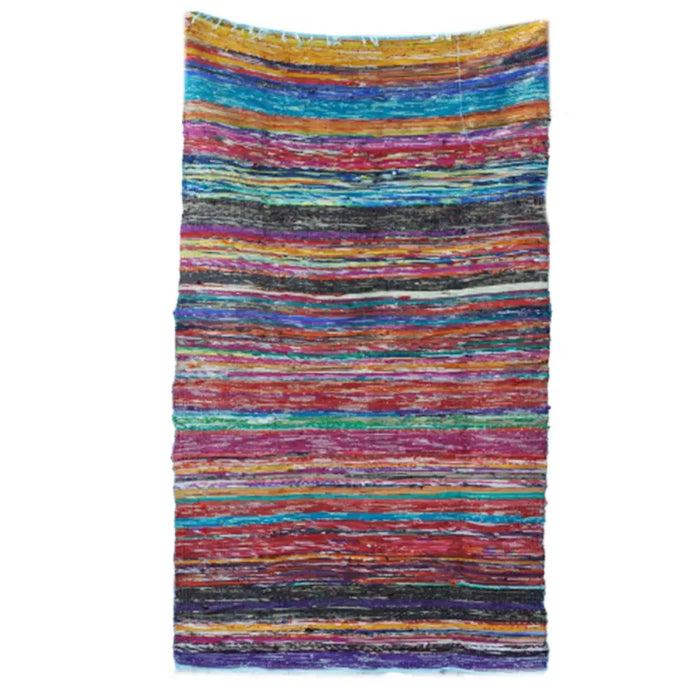 Medium blue rag rug with vibrant multicolored stripes and a textured woven handcrafted look