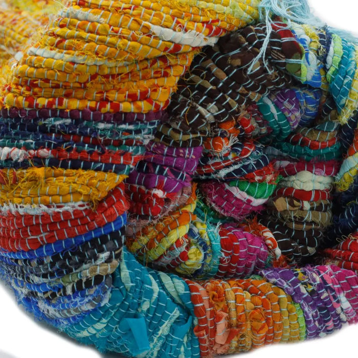 Medium rag rug blue made from recycled fabric strips in a chunky handwoven texture rag rugs multicolored