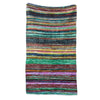 Medium rag rug in green with bold horizontal stripes in teal red yellow purple made from handwoven rag rugs material