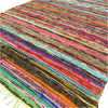 Medium rag rug green with vibrant multicolored horizontal stripes made of woven fabric and a fringed edge