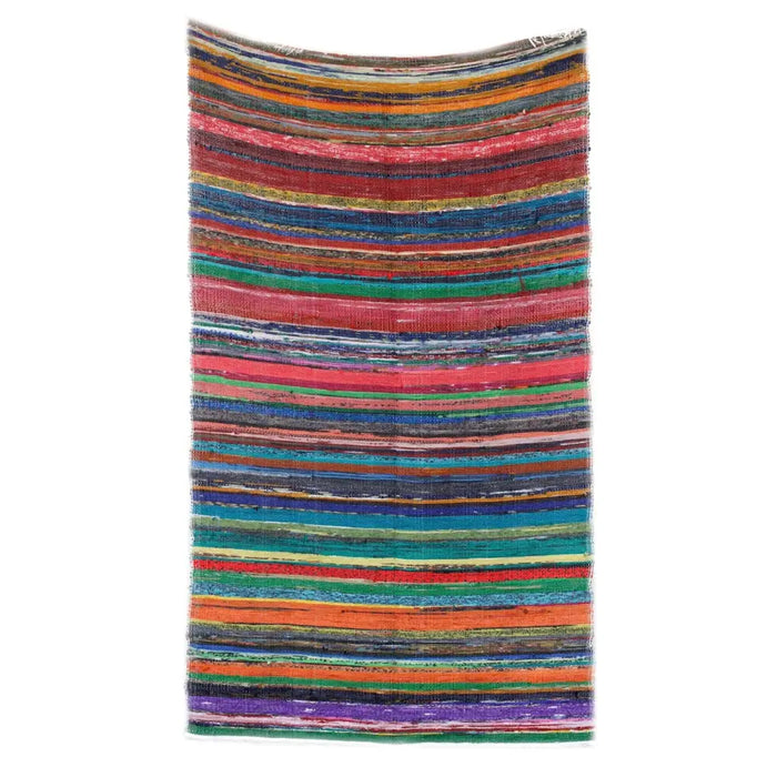 Medium rag rug with bold multicolor horizontal stripes in red blue green orange and purple handwoven from natural fibers