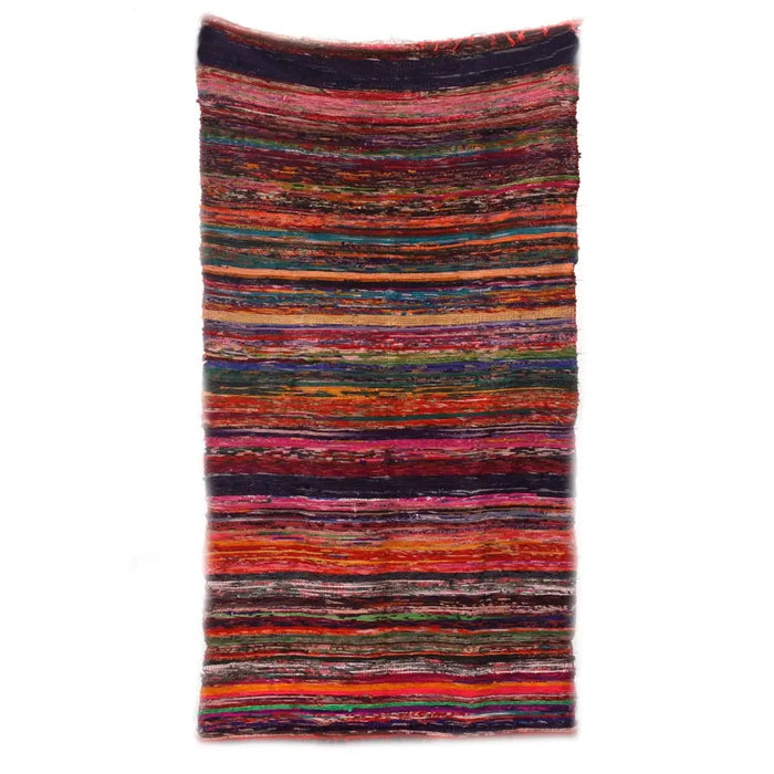 Medium rag rug with handwoven horizontal stripes in red orange purple and green made from recycled fabric rag rugs