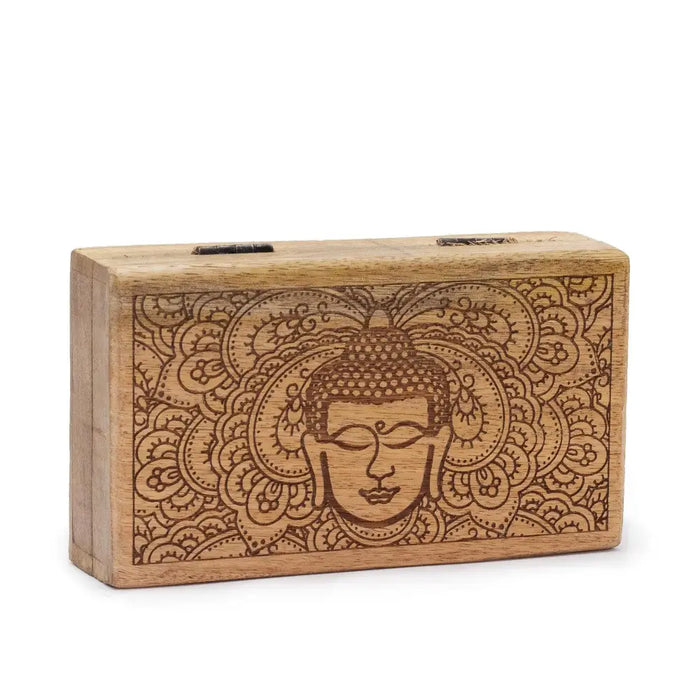 Medium rectangular wooden box with a black engraved buddha face and detailed floral patterns on the lid