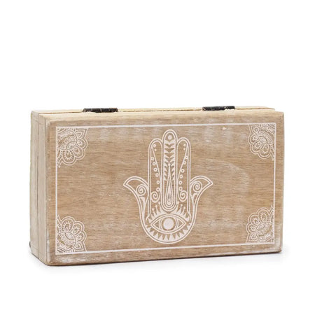 Medium rectangular wooden box with light weathered finish and white engraved hamsa hand paisley design