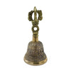 Medium tibetan tingsha bell made of brass with intricate engravings and a decorative handle featuring a wheel motif