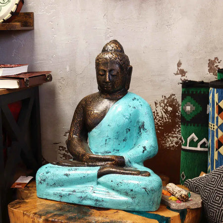 Medium turquoise and bronze stone classic buddha statue in a serene meditative pose measuring 0.5m