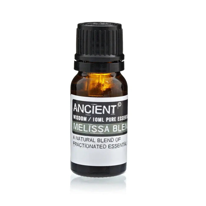 A small amber glass bottle of 10ml melissa blend essential oil by ancient wisdom with a black cap and white label