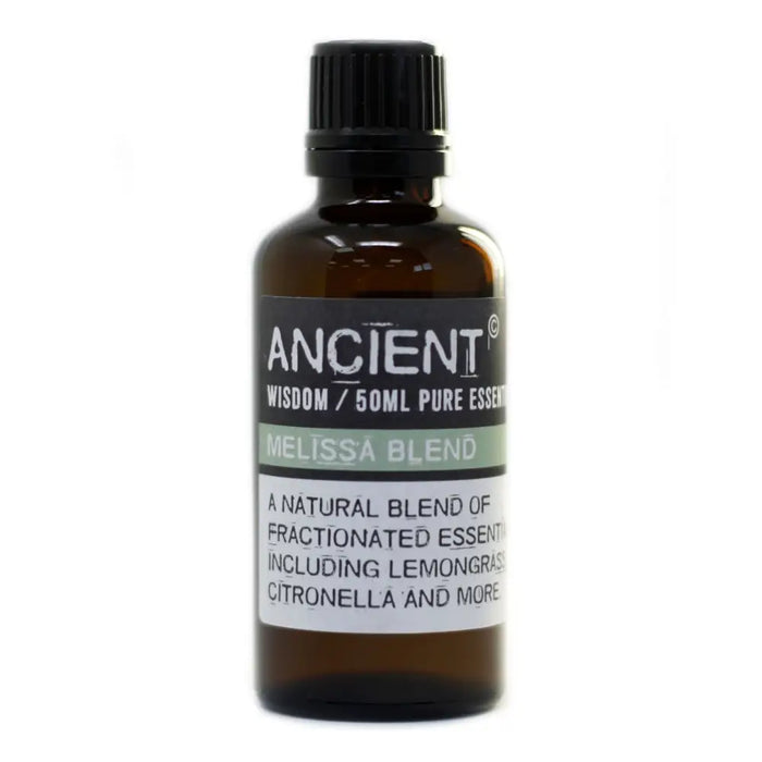 A dark amber glass bottle with black ribbed cap labeled ancient wisdom 50ml pure essential melissa blend with allergen declarations