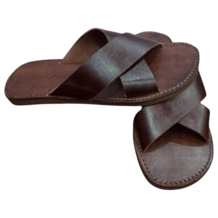 Men’s handmade brown leather sandals with crossed straps in dark brown genuine leather, sizes 42 to 48