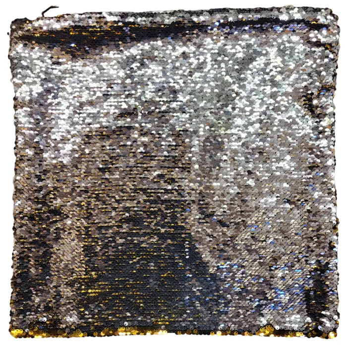 Mermaid cushion cover with silver sequins and gold accents on a sleek, modern sequin flip pouch design