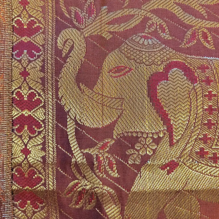 Metallic thread elephant cushion cover in rich maroon and gold woven fabric with floral border detail for standard cushion
