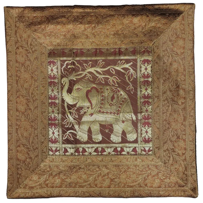 Square metallic thread cushion cover with embroidered cream and gold elephant on maroon standard cushion panel