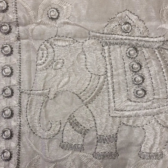 Silver embroidered elephant design on textured fabric cushion cover made with metallic thread for standard cushion
