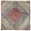 Vintage-style patchwork cushion cover with maroon paisley and metallic thread on silver green fabric square handkerchief