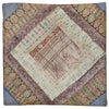 A square patchwork cushion cover in cream burgundy and green with metallic thread and floral embroidery borders