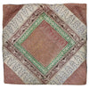 Metallic thread patchwork cushion cover with embroidered geometric patterns in earth tones and green borders for standard cushion