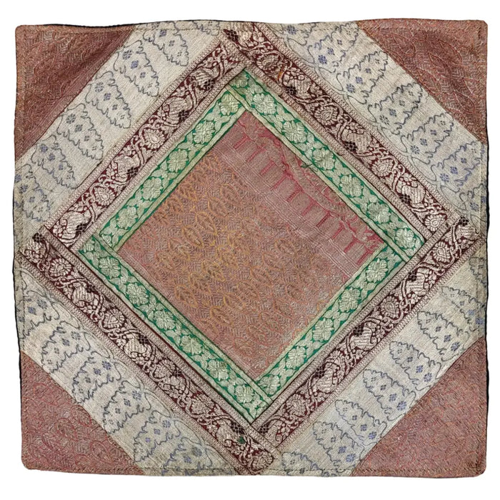 Metallic thread patchwork cushion cover with embroidered geometric patterns in earth tones and green borders for standard cushion
