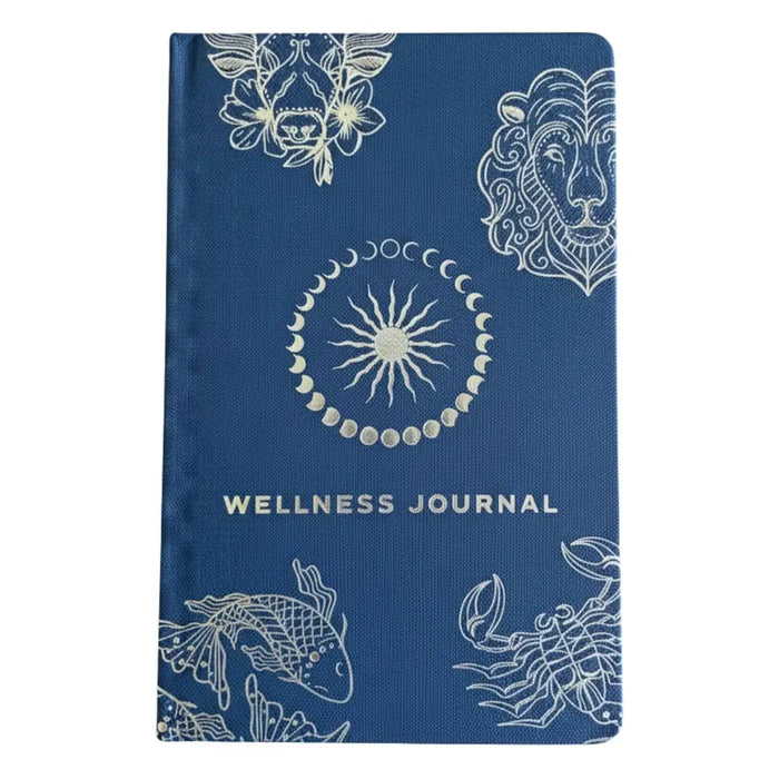 Deep blue wellness journal with white zodiac and celestial designs and wellness journal title in simple font