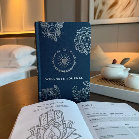 Midnight blue wellness journal with deep blue textured cover and silver foil stamped floral and zodiac designs