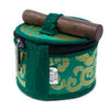Green velvet-covered mini singing bowl with gold embroidery and wooden mallet in a mini singing bowl gift set