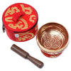 Red and gold embroidered carrying case with wooden mallet for mini singing bowl in the mini singing bowl gift set red