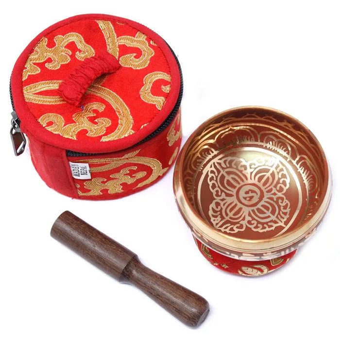 Red and gold embroidered carrying case with wooden mallet for mini singing bowl in the mini singing bowl gift set red