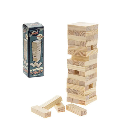 A classic wooden tower game with light natural wood blocks stacked in a tall, precarious mini wooden tower game