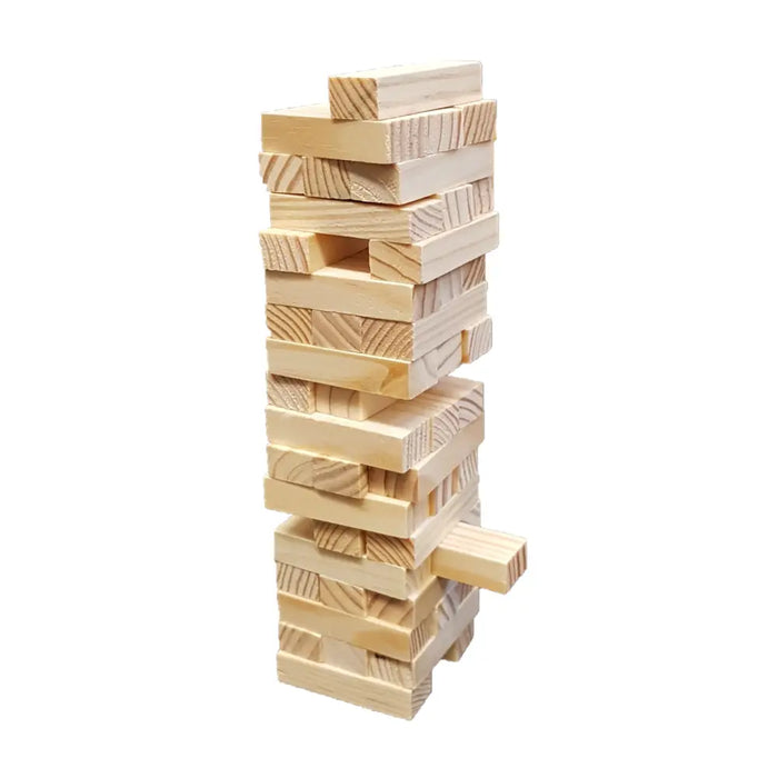 Mini wooden tower game showing a tall light-colored wooden tower with visible grain and interlocking blocks