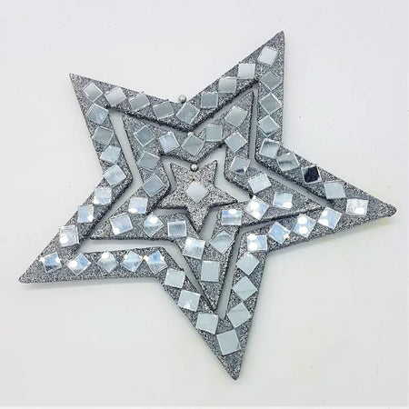 Silver glitter star hanging ornament with mirrored glass square tiles in a layered geometric design