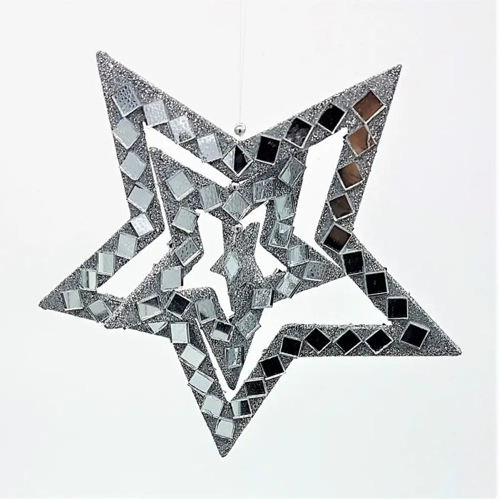 Silver star hanging ornament with mirrored glass and silver glitter mosaic tiles reflecting light