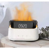 White digital clock humidifier with led clock display and glowing orange flame effect powered by usb-c port