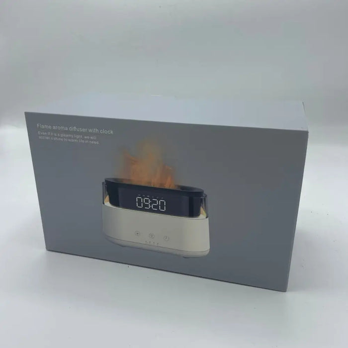 Gray modern aroma diffuser with led clock usb-c white base black top and orange flame effect displayed on digital screen